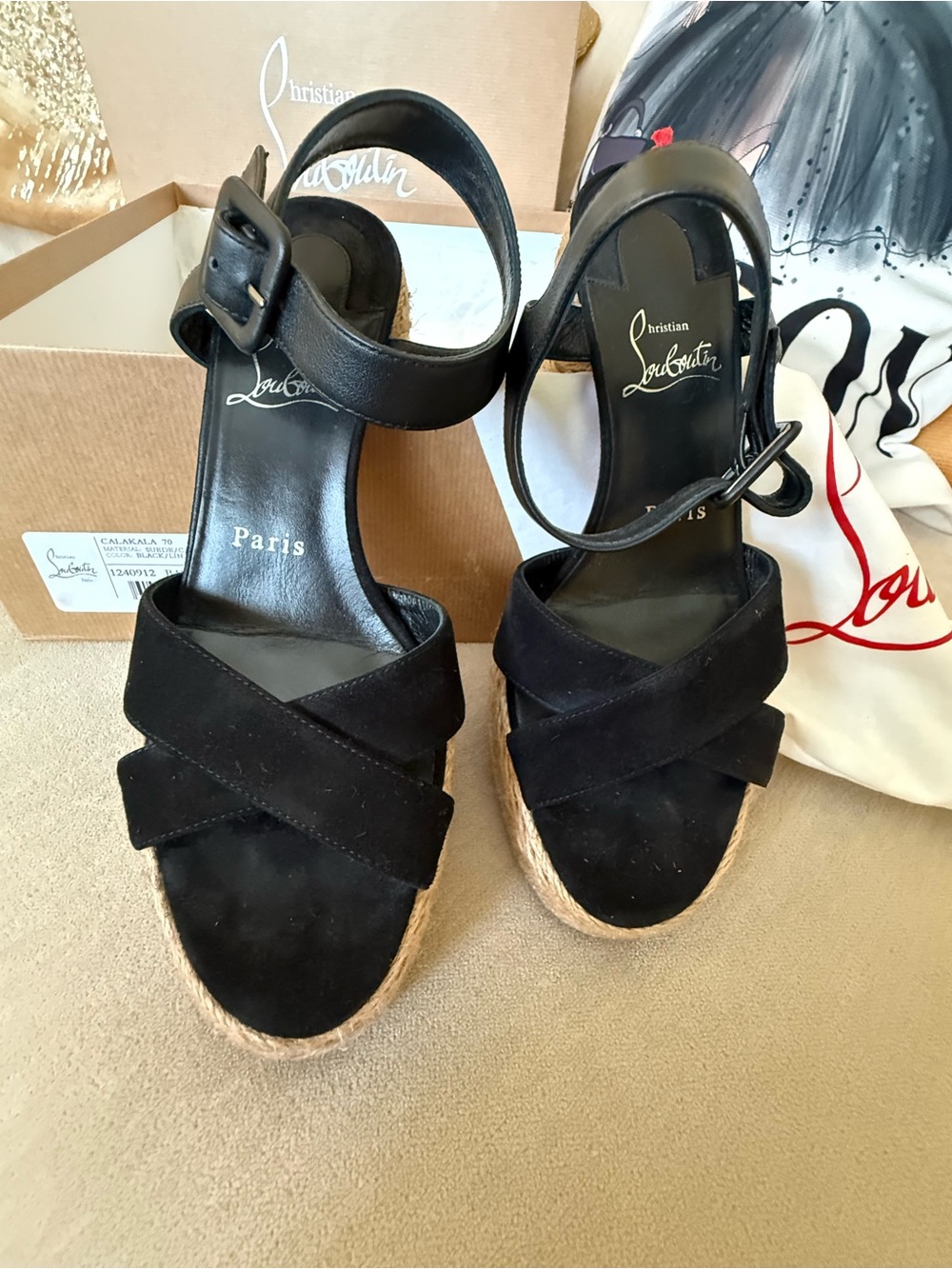 Christian Louboutin Calakala Black Suede Espadrille Wedge Sandals size 37